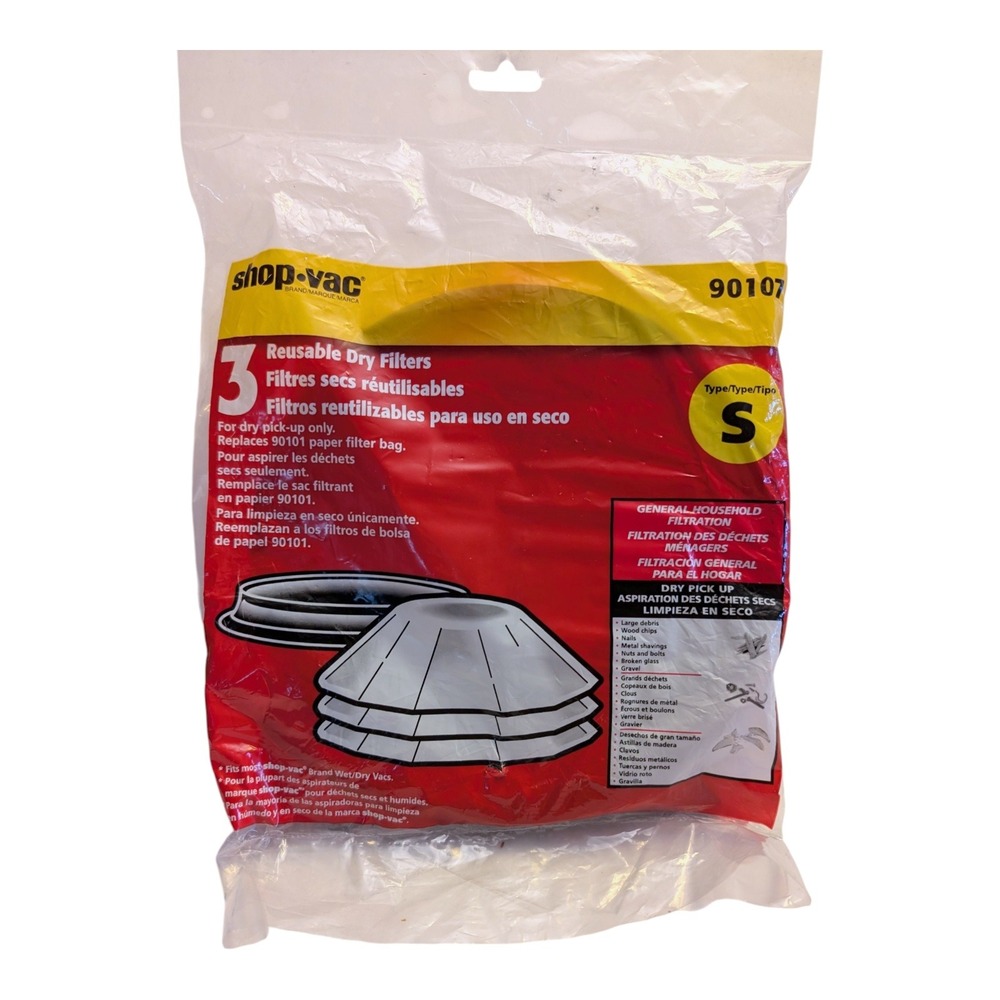 Shop-Vac 90107 Type S Reusable Dry Filters 3 Pack for Wet/Dry Vacuums Mounting